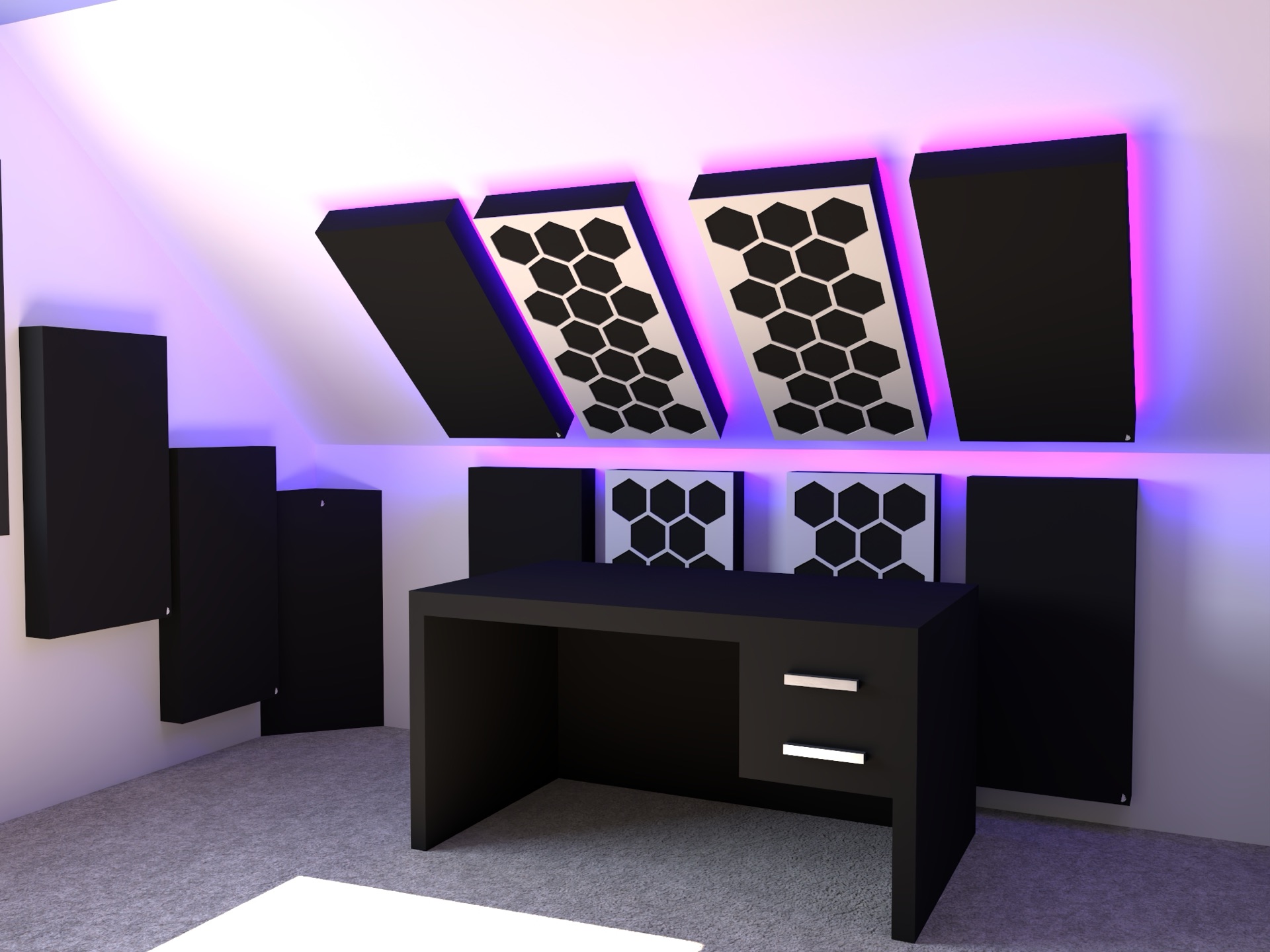 Music and gaming room with hexagonal panels, project visualization