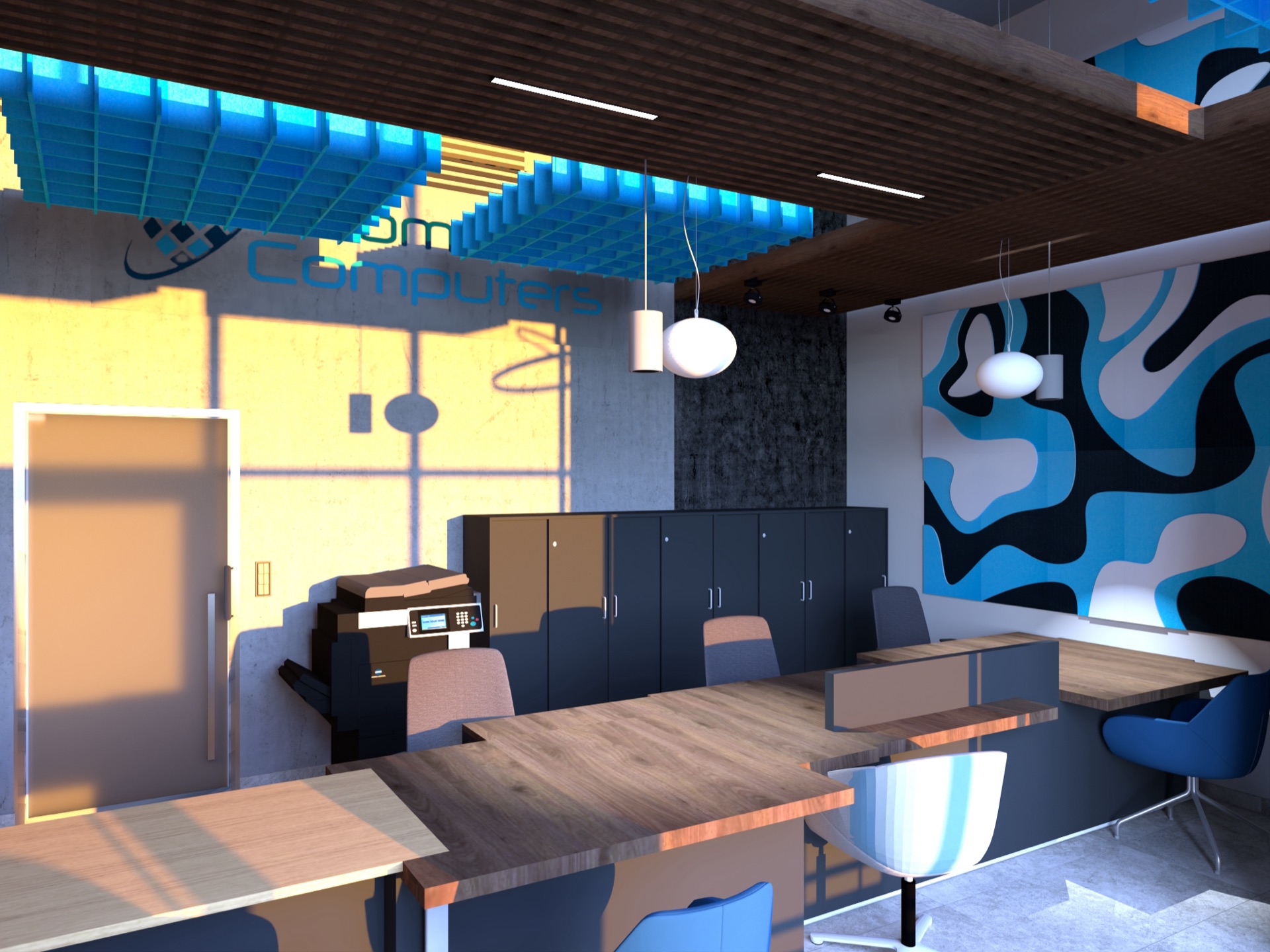 Office with Pro.Felt acoustic ceiling islands, project visualization