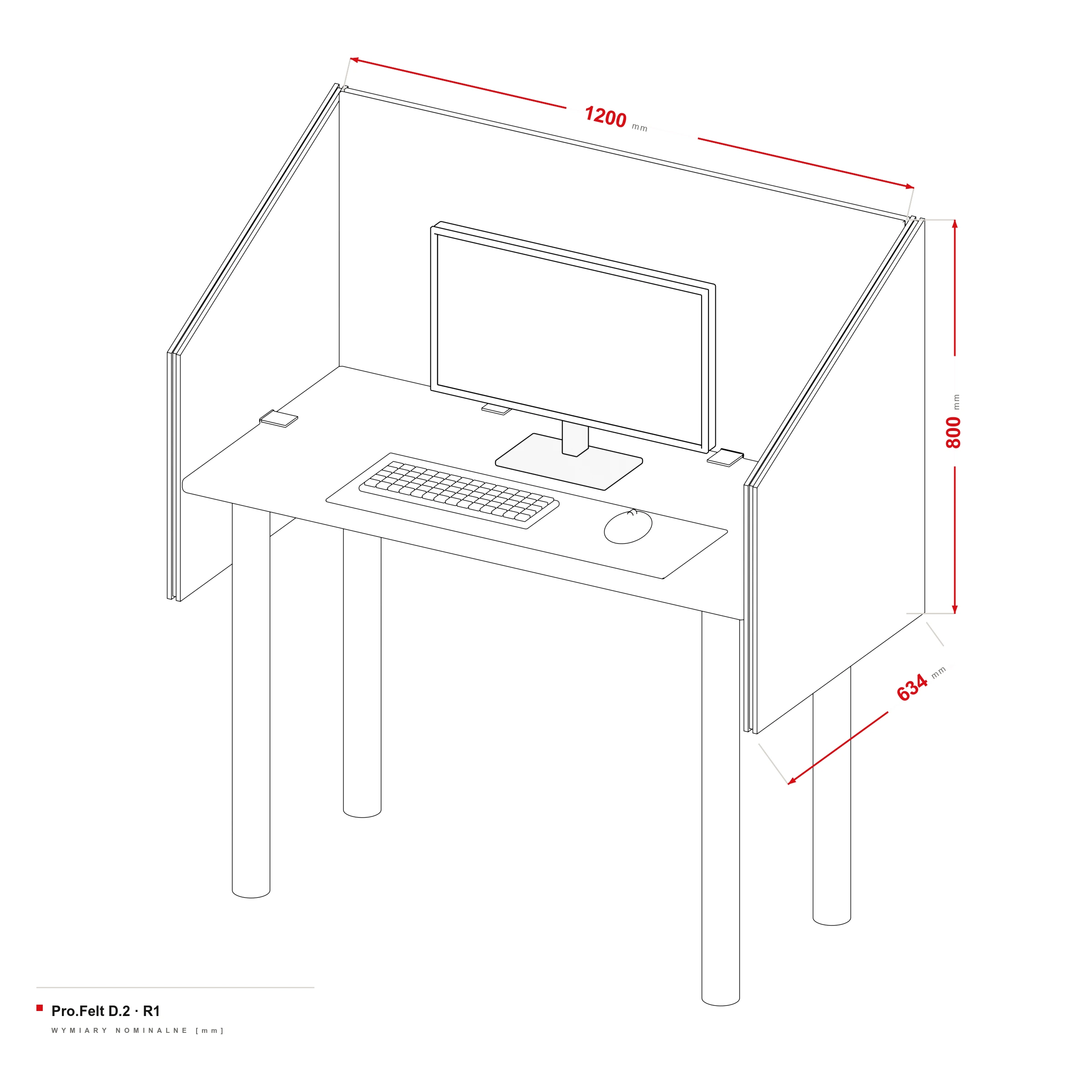 Acoustic Partition for Desk Pro.Felt D.2 — dimensional drawing, Desk 120 × 60 cm