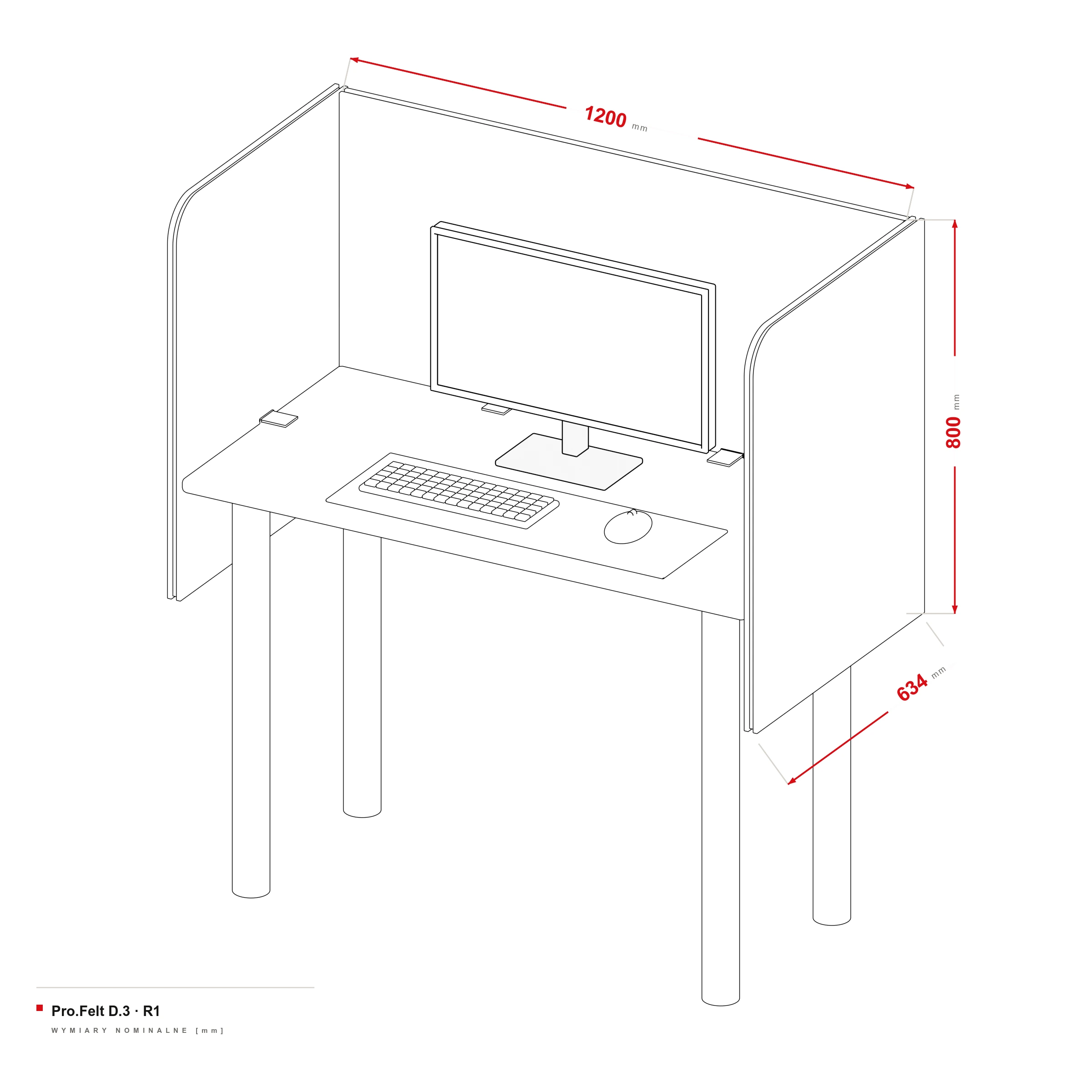 Acoustic Partition for Desk Pro.Felt D.3 — dimensional drawing, Desk 120 × 60 cm