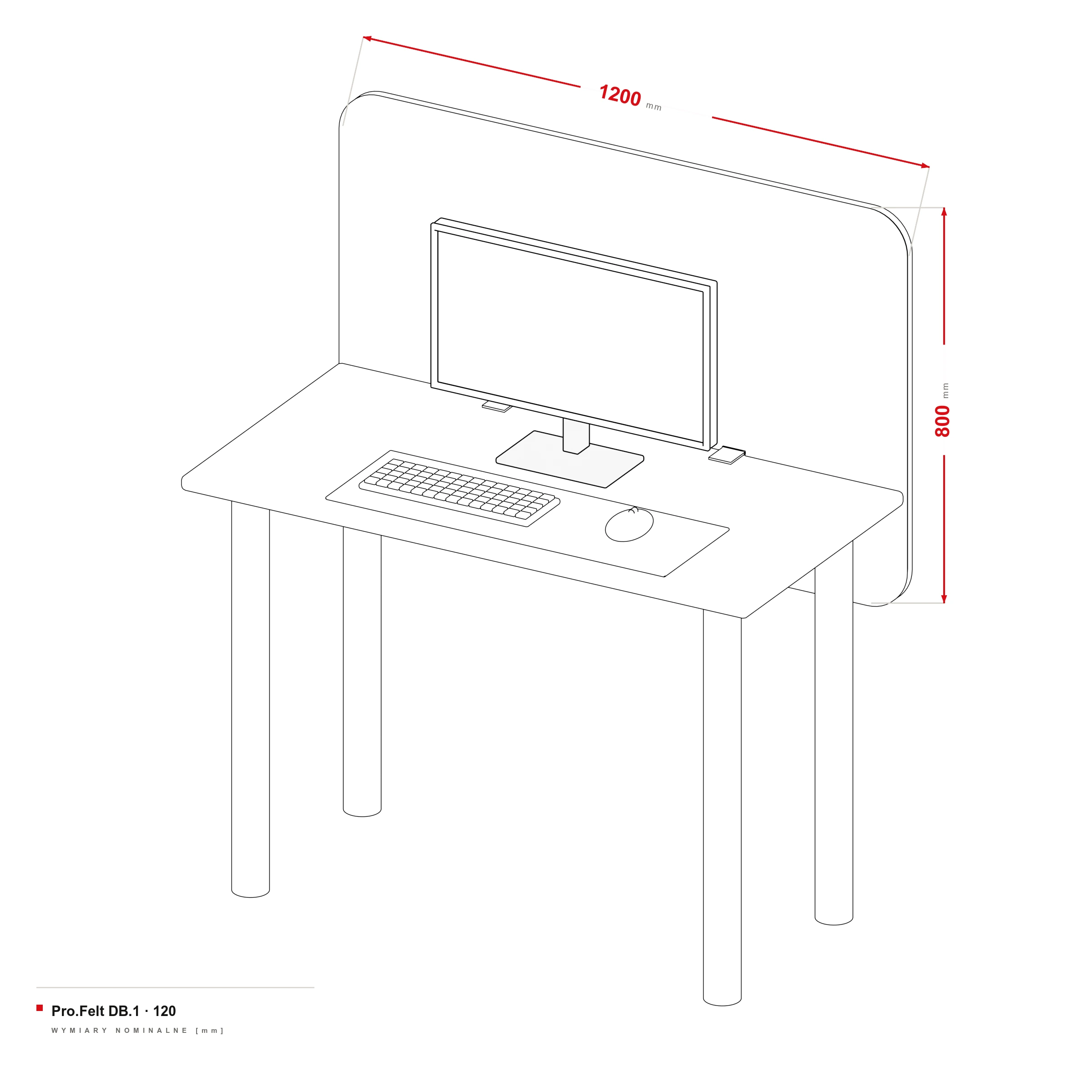 Acoustic Partition for Desk Pro.Felt DB.1 — dimensional drawing, Desk width 120 cm