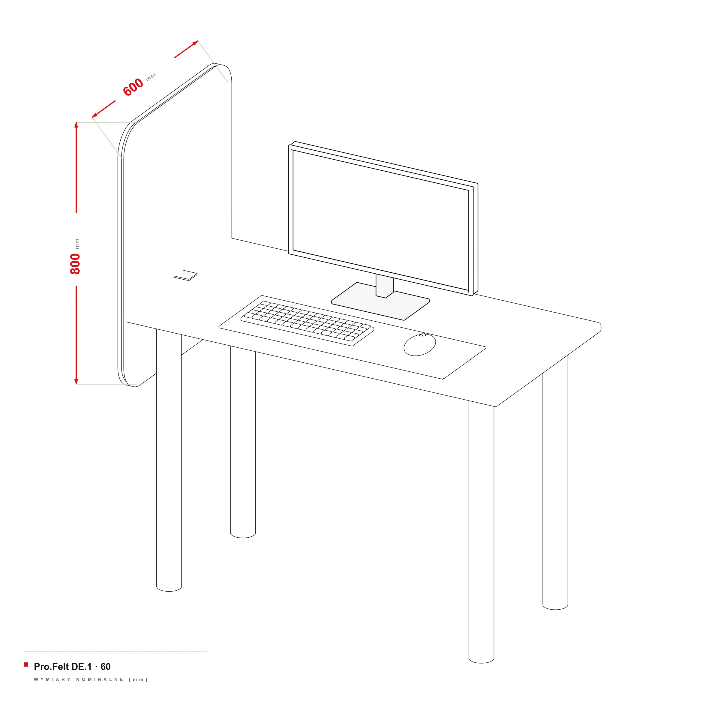 Acoustic Partition for Desk Pro.Felt DE.1 — dimensional drawing, Desk length 60 cm