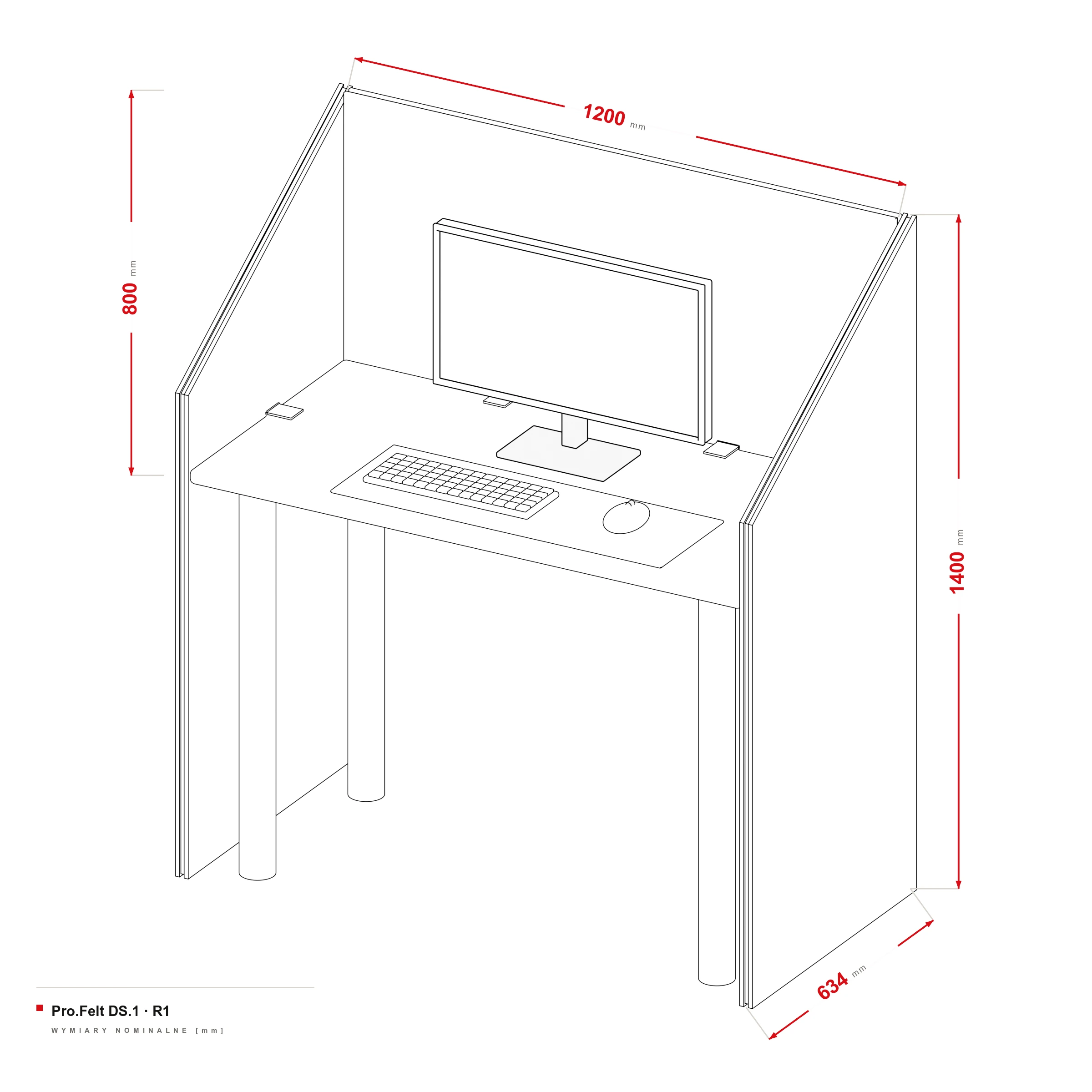 Acoustic Partition for Desk Pro.Felt DS.1 — dimensional drawing, Desk 120 × 60 cm