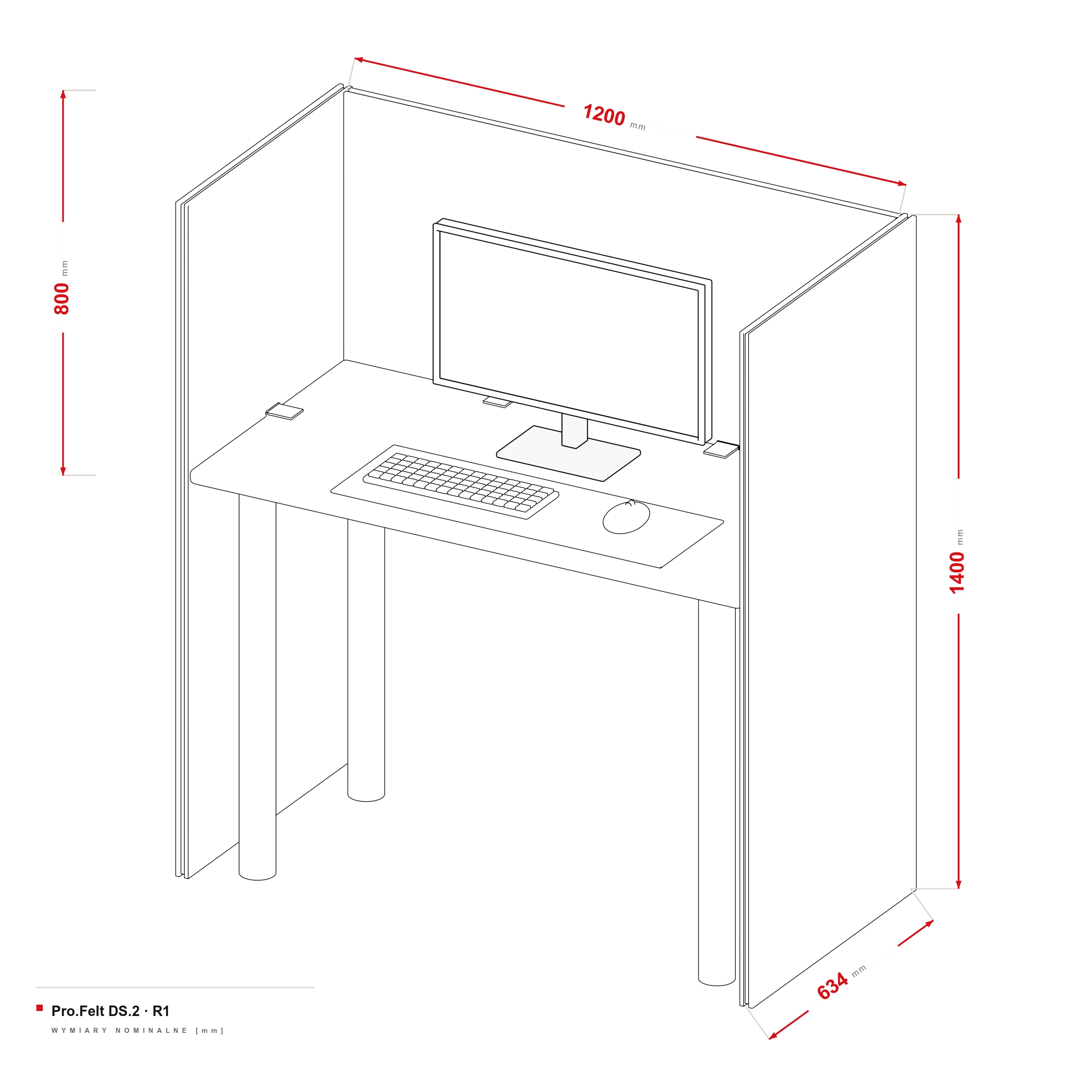 Acoustic Partition for Desk Pro.Felt DS.2 — dimensional drawing, Desk 120 × 60 cm