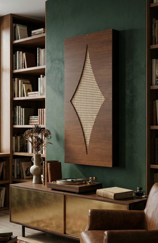 A rattan panel in a boho-style living room