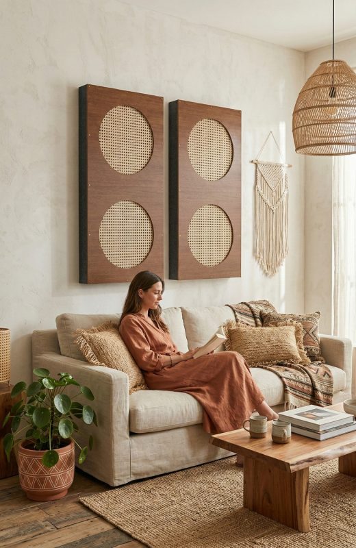 The Brown rattan panel in a boho-style living room