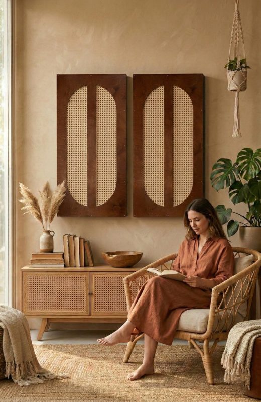 The Brown rattan panel in a boho-style living room