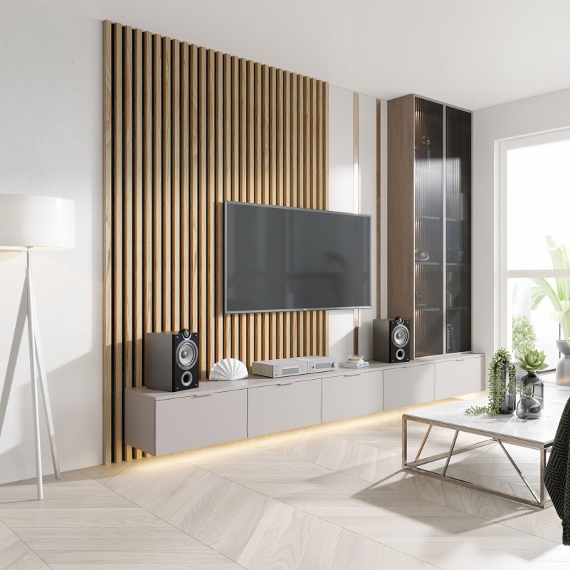 A horizontal AkuWall slat composition in a conference room