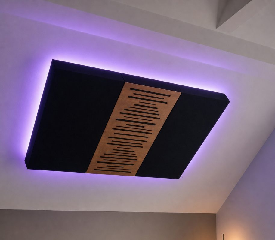 An acoustic panel on the ceiling with a purple halo from the Aura LED backlight hidden behind the panel