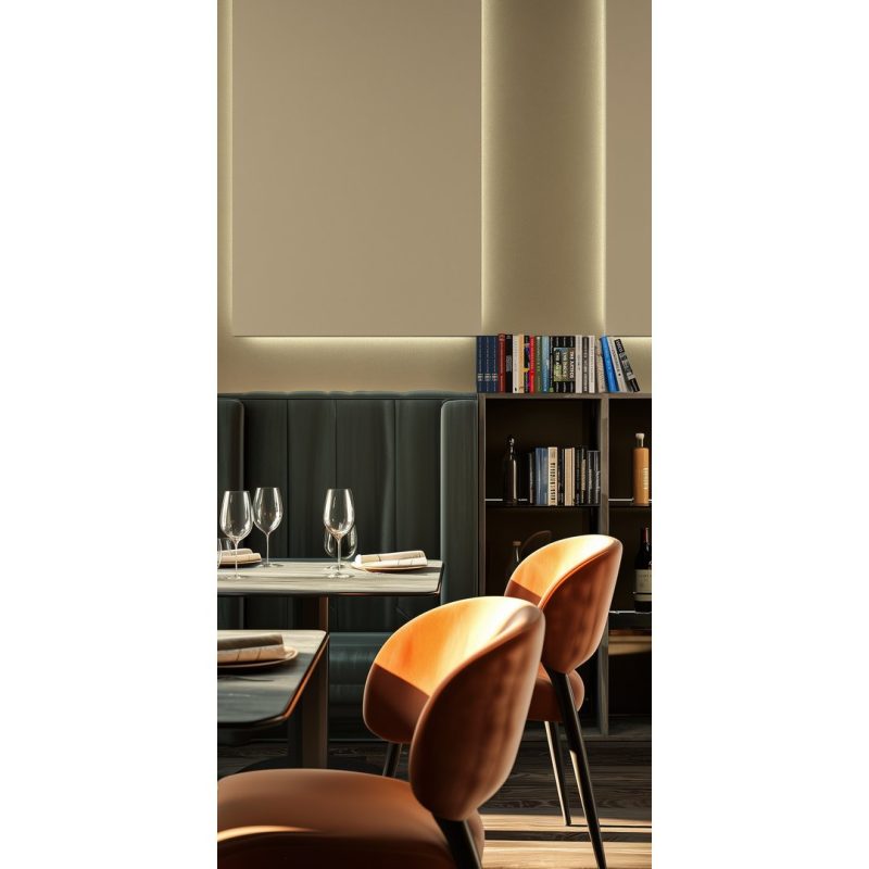 Warm light behind the panel in a restaurant space