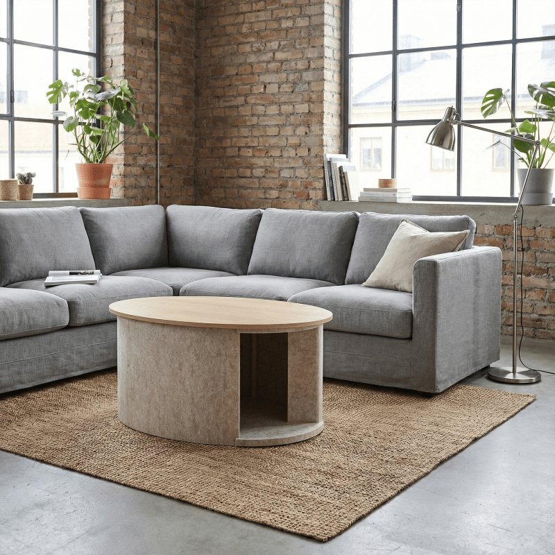 Acoustic kennel / coffee table - an elliptical enclosure with a tabletop and a felt interior