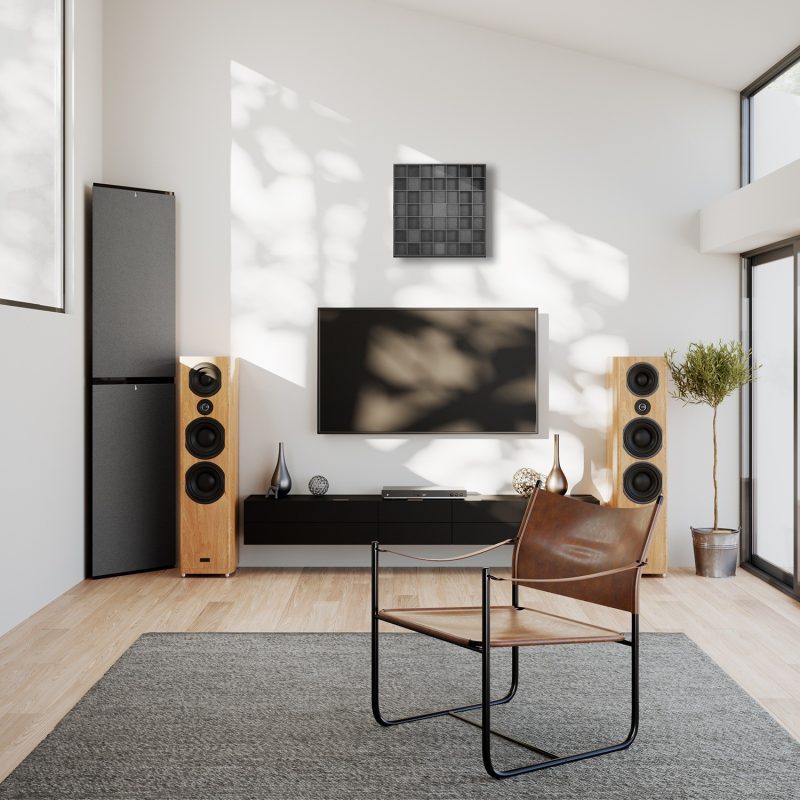 The QRD Tiles 2D Diffuser on the wall in the listening zone of a modern living room
