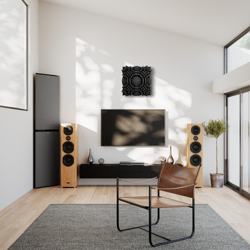 The Skyline City 2D Diffuser above the TV in a Hi-Fi room with speakers