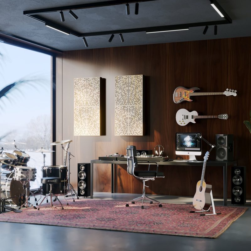 Two Binary Diffusers in the natural finish in a home music studio with instruments