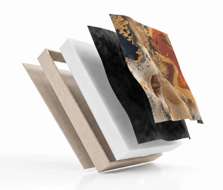 Exploded cross-section of the Acoustic Picture's layers - printed fabric, Isover PT80 wool, a furniture-board frame, an HDF back