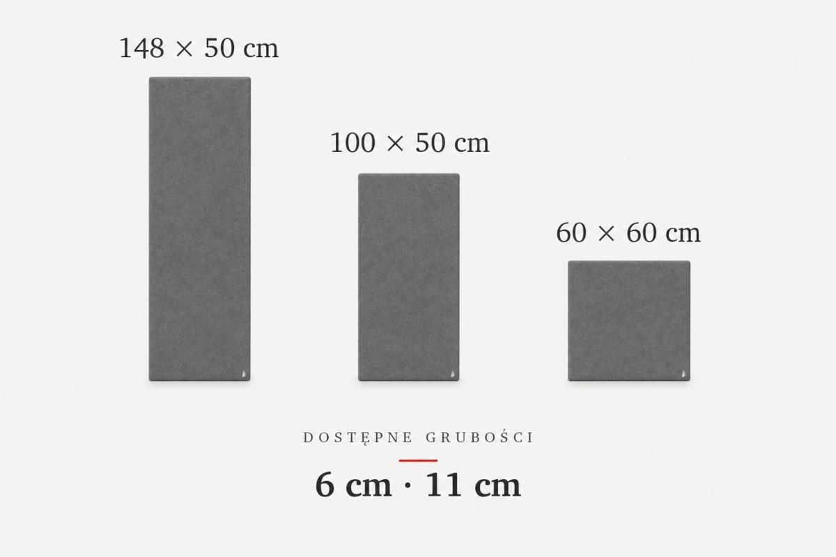 The available Acoustic Picture formats: 148x50 cm, 100x50 cm and 60x60 cm, 6 and 11 cm thick