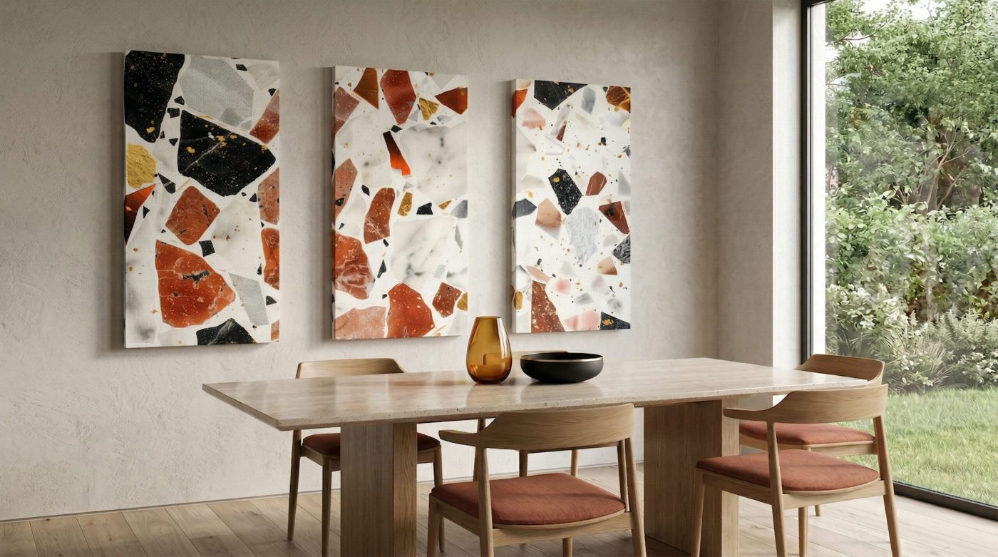 A Mosaic Mix triptych from one collection in a dining room