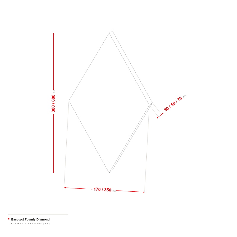 Basotect Foamly Diamond - dimensional drawing 170/350 × 300/600 mm, 30/50/70 mm thick