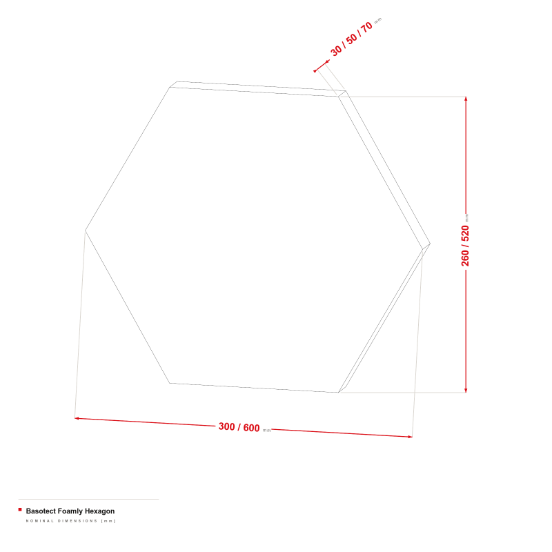 Basotect Foamly Hexagon - dimensional drawing 300/600 × 260/520 mm, 30/50/70 mm thick