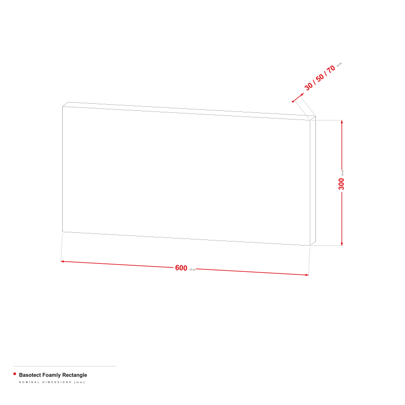 Basotect Foamly Rectangle - dimensional drawing 600 × 300 mm, 30/50/70 mm thick