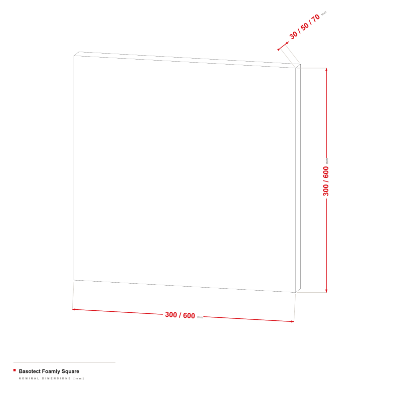 Basotect Foamly Square - dimensional drawing 300/600 × 300/600 mm, 30/50/70 mm thick
