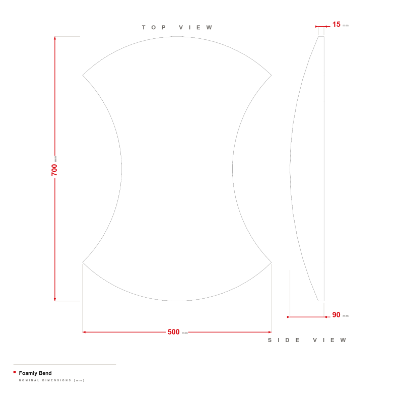 Foamly Bend - dimensional drawing 500 × 700 mm, 15 mm edge, depth up to 90 mm