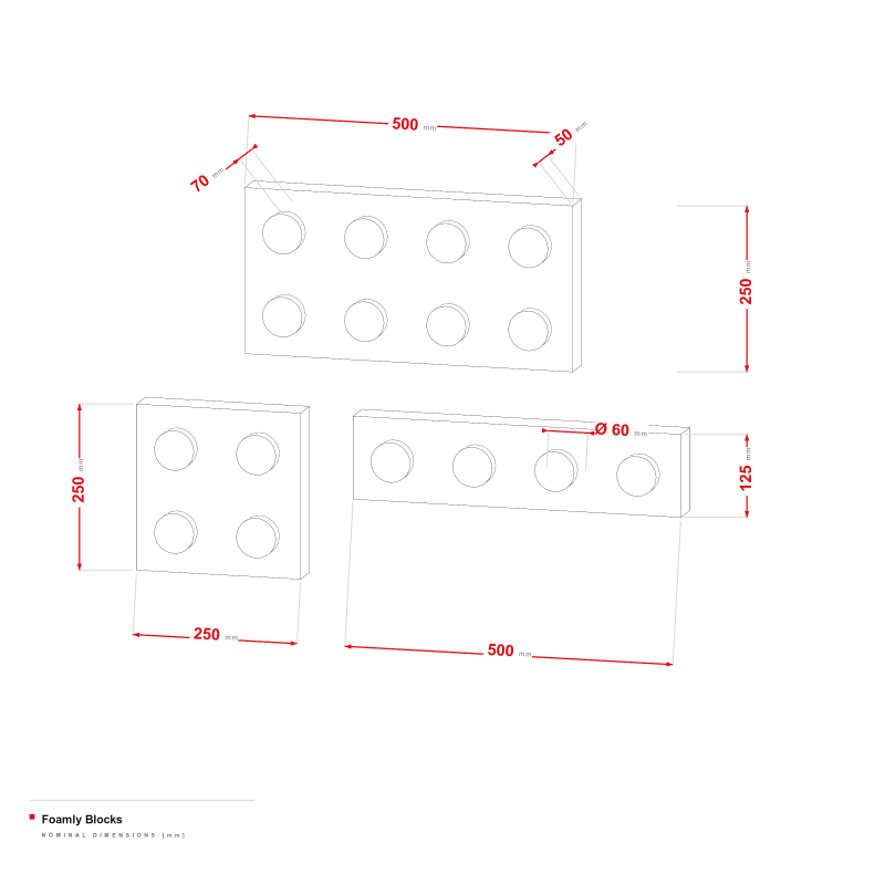 Foamly Blocks - dimensional drawing of the 250/500 × 125/250 mm modules