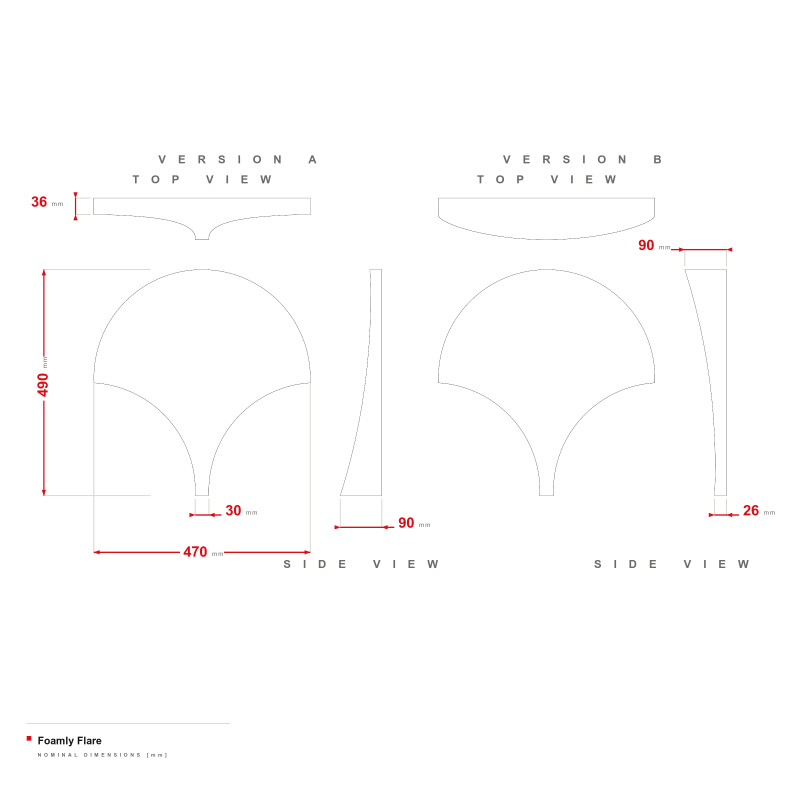 Foamly Flare - dimensional drawing of versions A and B, 470 × 490 mm, thickness up to 90 mm