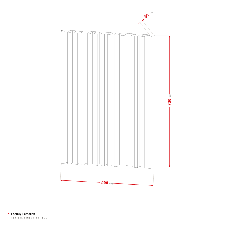Foamly Lamellas - dimensional drawing 500 × 700 × 50 mm, 18/36 mm slats