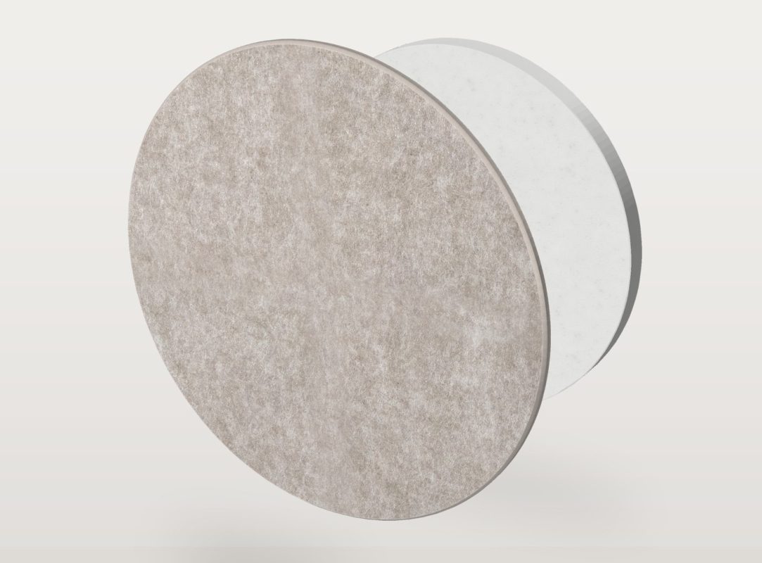 The Pro.Felt E.2 Circle acoustic panel in a circle shape, split into two layers: Pro.Felt acoustic felt at the front and Basotect foam at the back