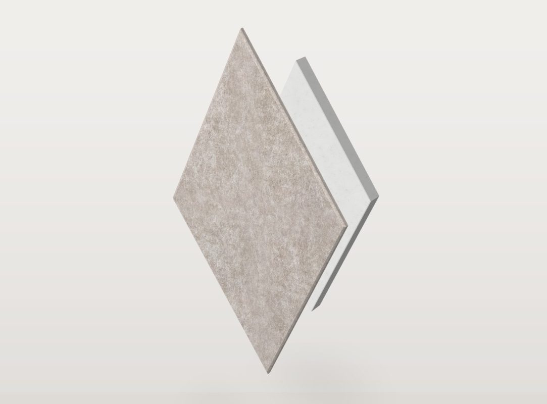 The Pro.Felt E.1 Diamond acoustic panel in a rhombus shape, split into two layers: Pro.Felt acoustic felt at the front and Basotect foam at the back