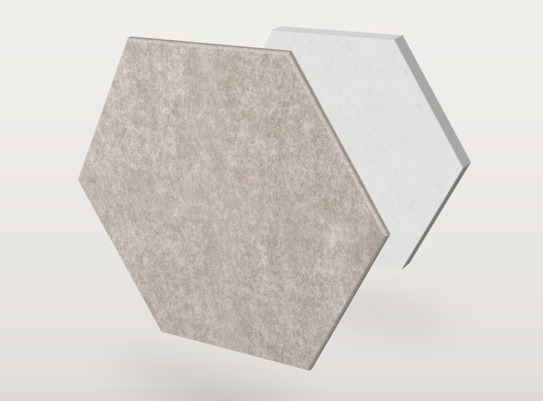The Pro.Felt E.5 Hexagon acoustic panel in a hexagon shape, split into two layers: Pro.Felt acoustic felt at the front and Basotect foam at the back